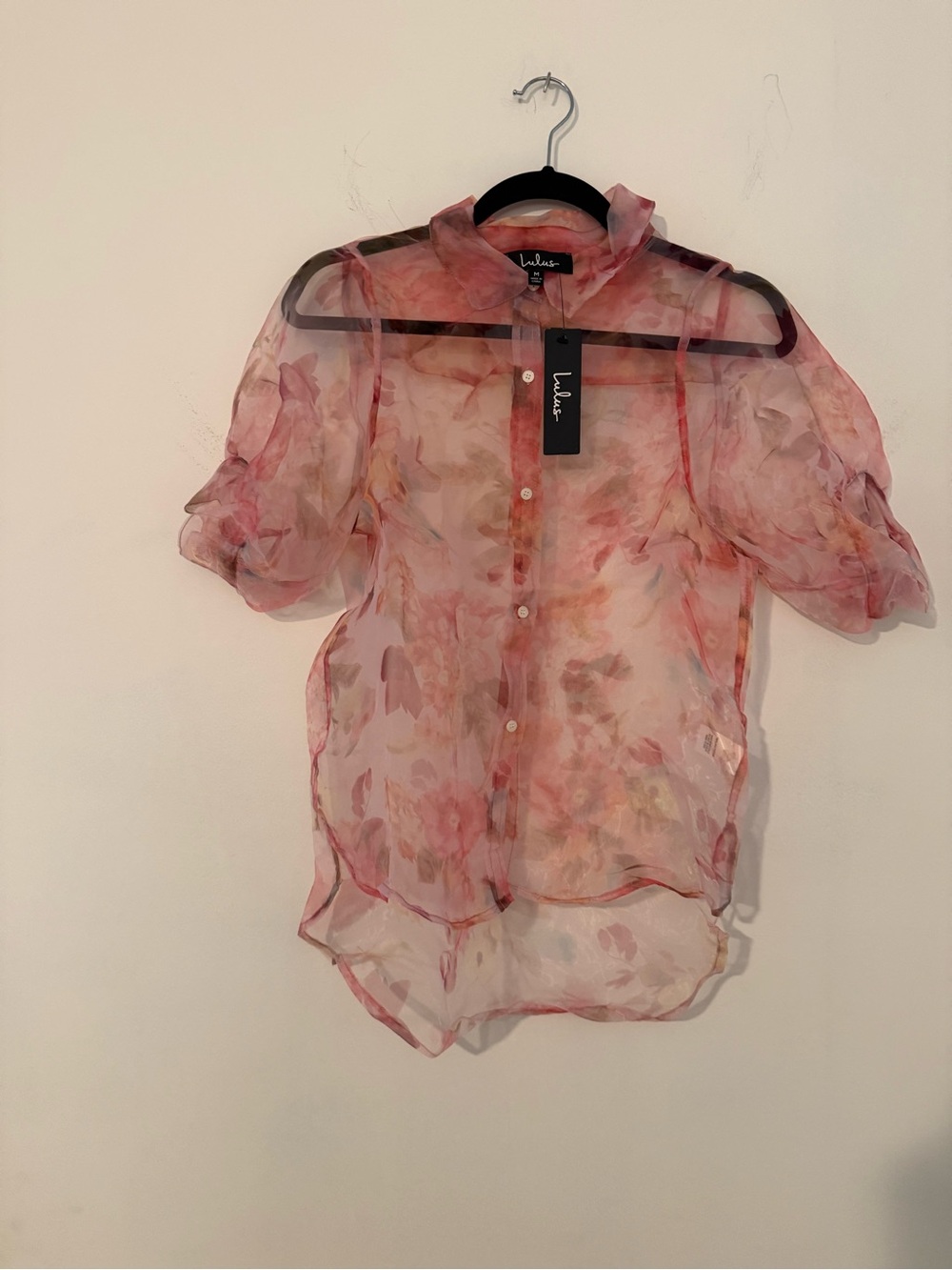 Lulu's Pink Watercolor Floral Sheer Puff-Sleeve Blouse